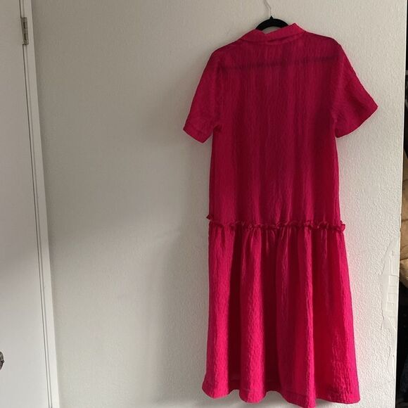 Anthropologie Exquise Deep Raspberry Pink Drop Waist Button-Front Mid Dress - Picture 6 of 9